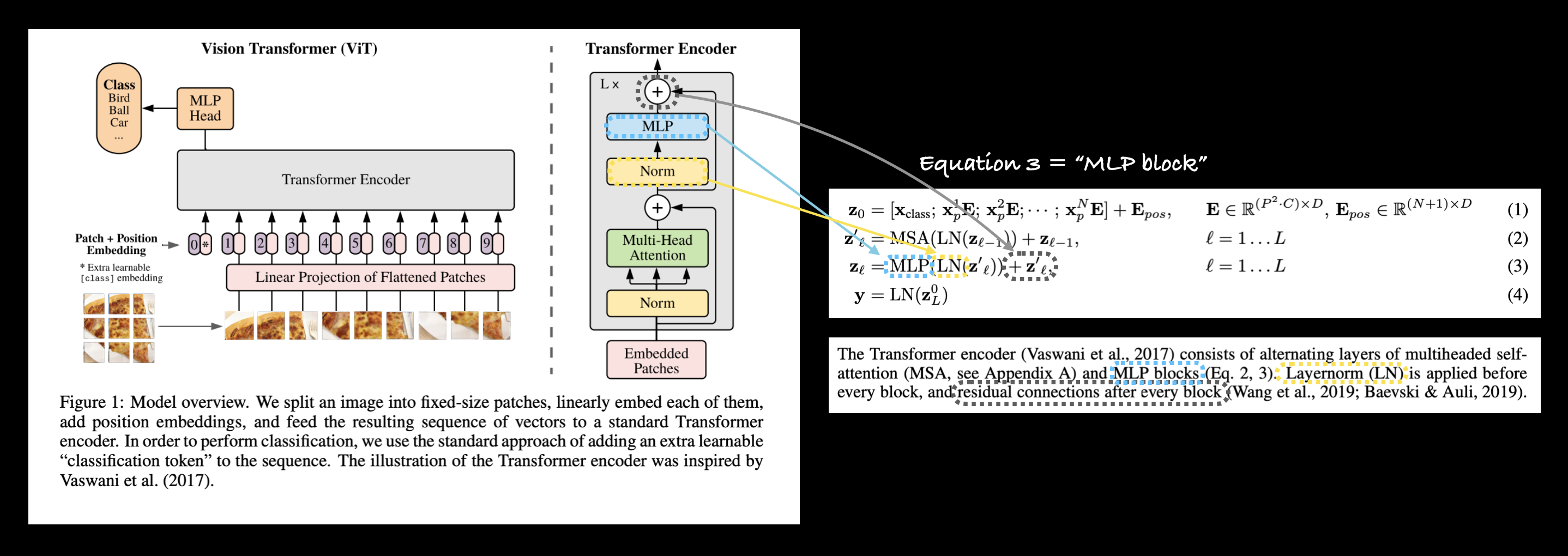 mapping equation 3 from the ViT paper to the ViT architecture diagram in figure 1