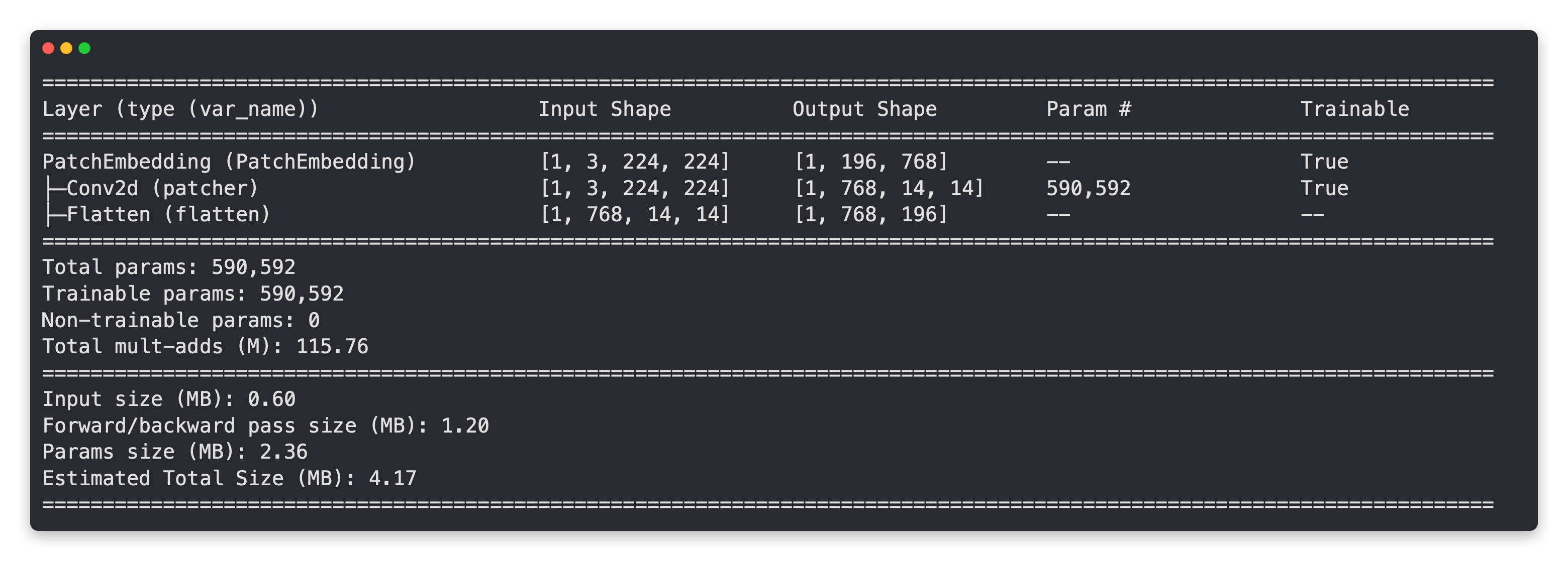 summary output of patchembedding layer for vision transformer with input and output shapes