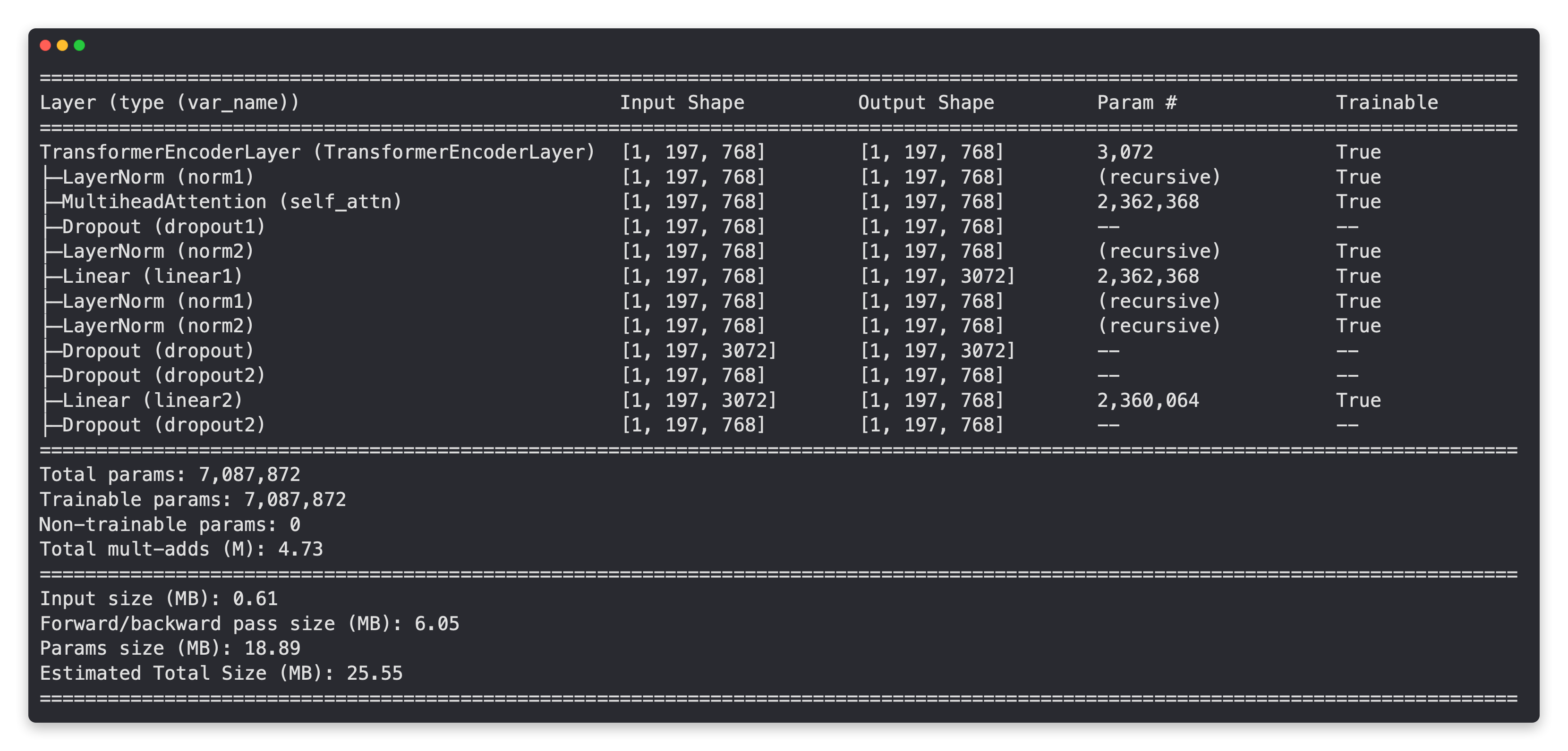 output summary of PyTorch's implementation of the Transformer Encoder layer